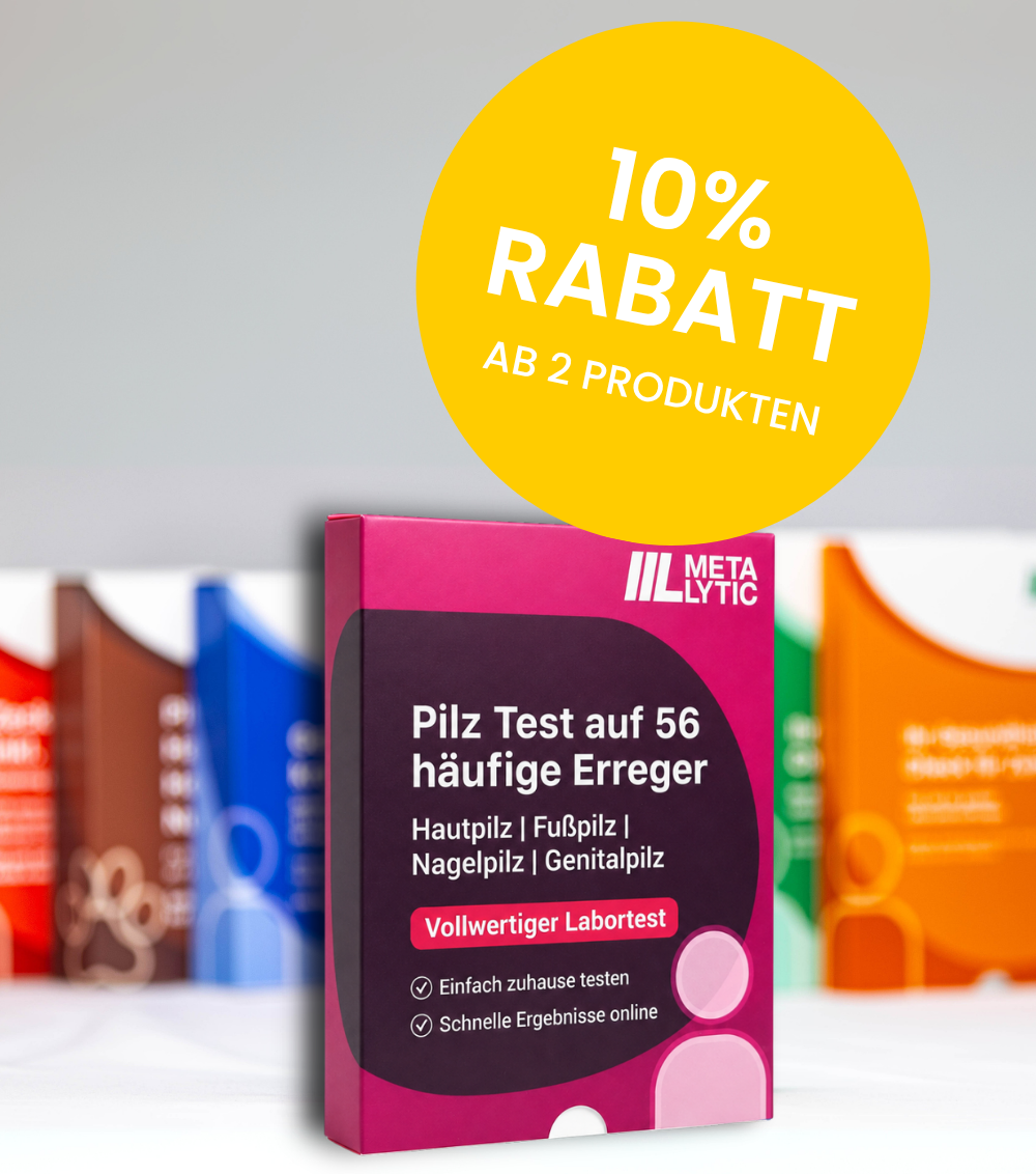 MetaLytic-Pilztest auf 56 häufige Erreger von Hautpilz, Fußpilz, Nagelpilz und Genitalpilz. 10 % Rabatt ab zwei Produkten.