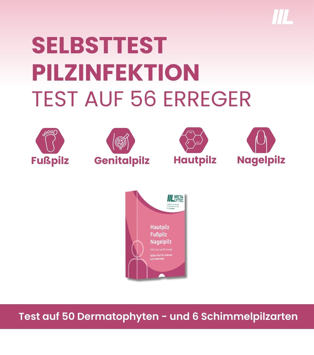 Abbildung: Pilz Test von Metaytic testet auf 56 Erreger von Fußpilz, Genitalpilz, Hautpilz und Nagelpilz.
