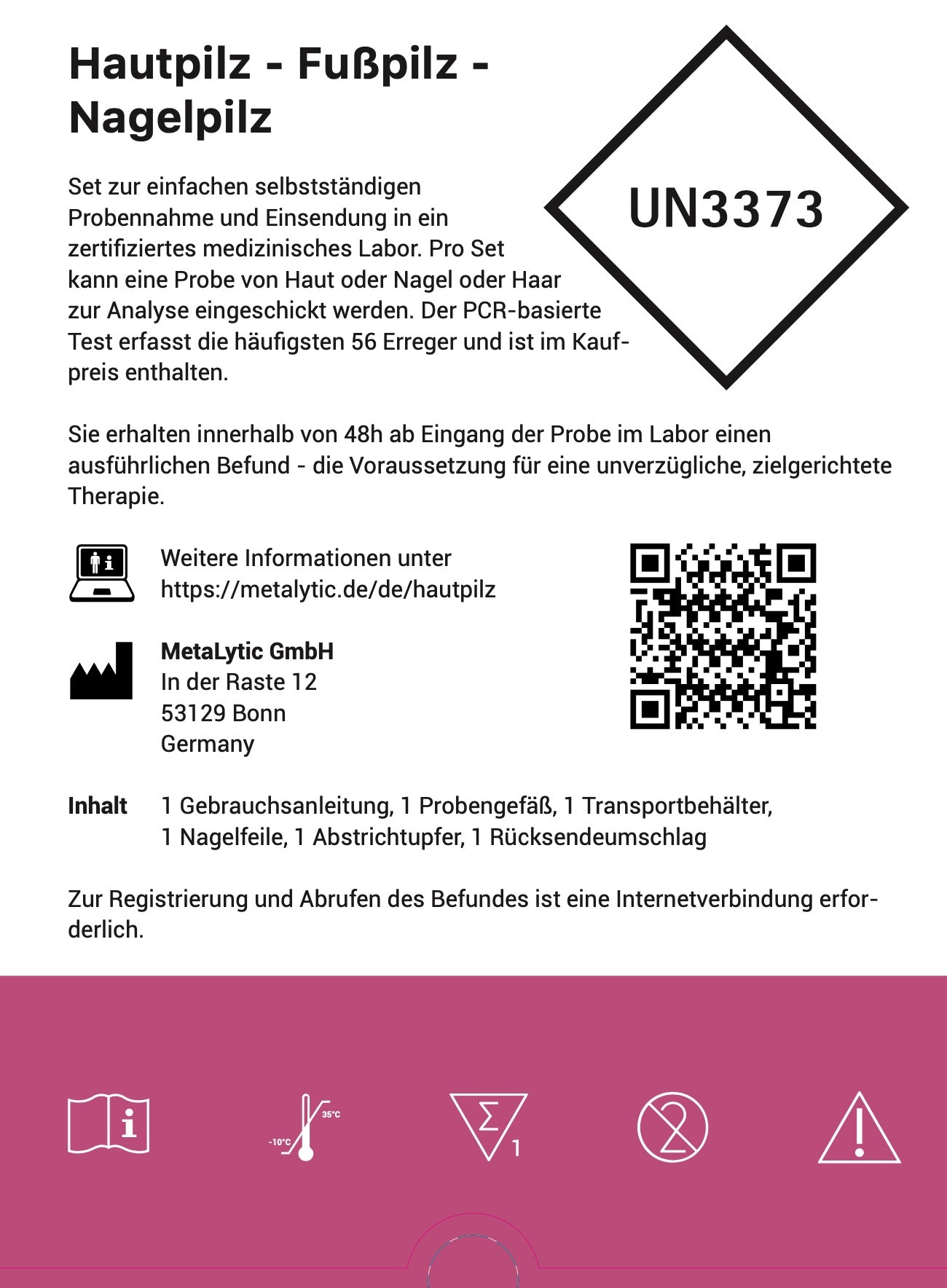Produktverpackung Rückseite Pilz Test von MetaLytic. 