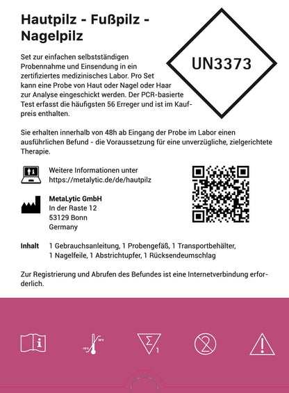 Produktverpackung Rückseite Pilz Test von MetaLytic. 