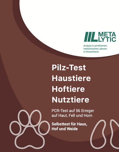 Produktverpackung frontal Pilz Test für Tiere von MetaLytic. 