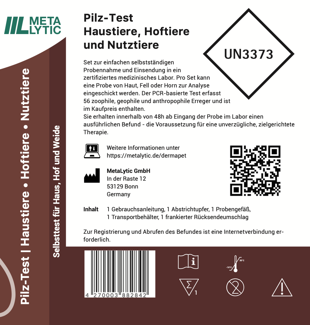 Produktverpackung Rückseite Pilz Test für Tiere von MetaLytic. 