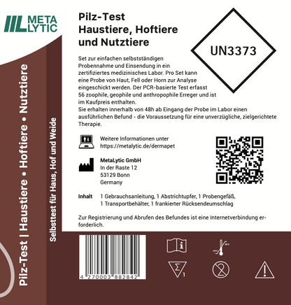 Produktverpackung Rückseite Pilz Test für Tiere von MetaLytic. 